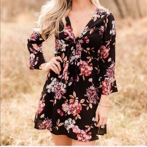 Le Lis NWT black floral ruffle mini dress tie front